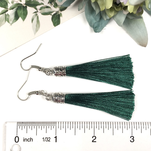 Emerald Green Tassel Dangle Earrings - Picture 2 of 3